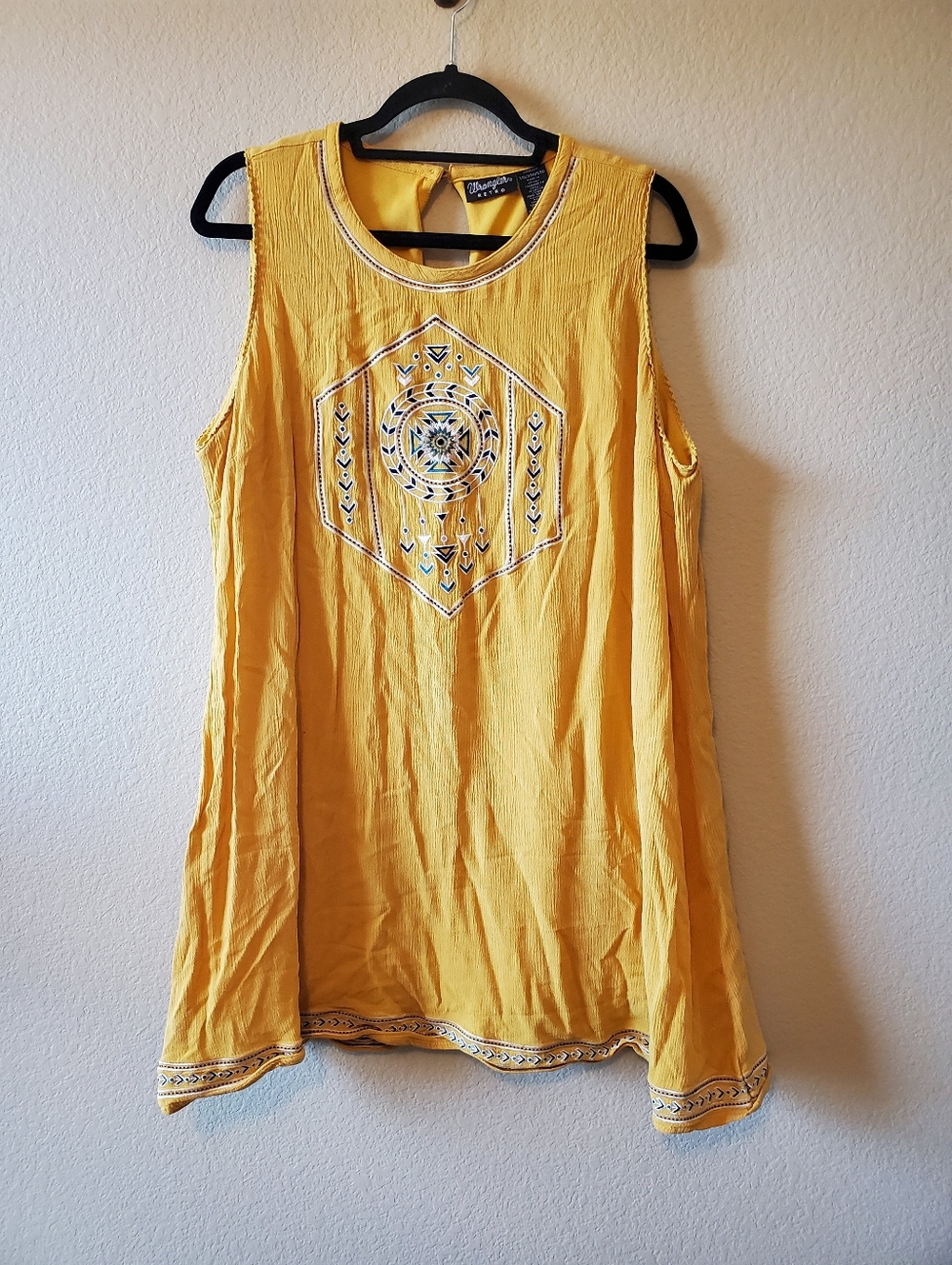 Wrangler Retro Yellow Embroidered Western Style Geometric Sleeveless Mini Dress